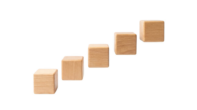 Five wooden blocks arranged in a staircase pattern isolated on transparent background