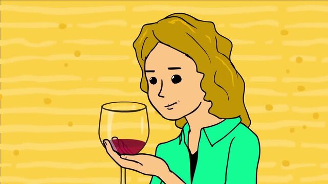2D animated woman looking at a glass of red wine relaxing evening lifestyle yellow pattern background