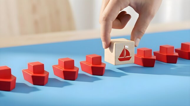 Hand moving wooden block with sail boat icon among ships.