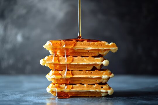 Levitating stack of hot waffles with golden maple syrup pouring down against a dark background