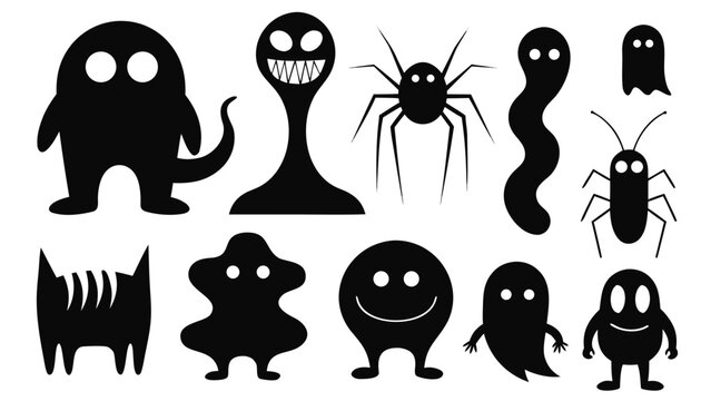 Halloween monster silhouettes collection. Cute and funny creatures. Black and white illustration on white background.
