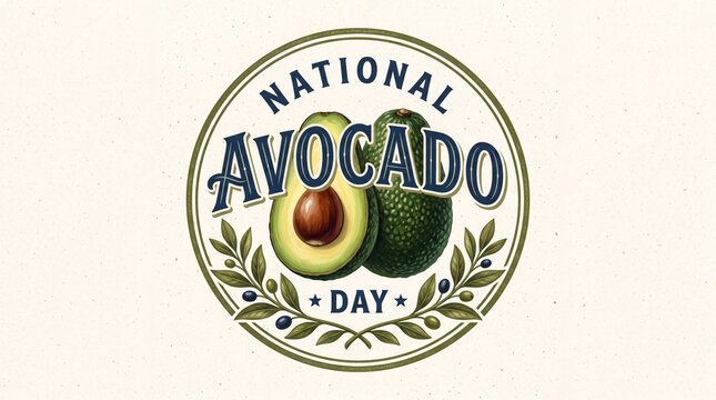
national avocado day logo design, avocado fruit celebration graphic, healthy avocado day illustration, avocado lover food art, avocado awareness poster template 