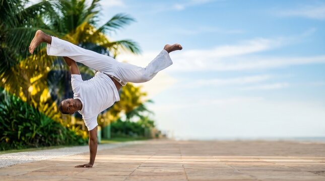 Capoeira Day Beach Performance With One Hand Kick and Tropical Coast Background