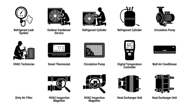 Thermostat Icon Set with Refrigeration and Hvac Symbols for Home Climate Control, Maintenance, and Temperature Management Concepts