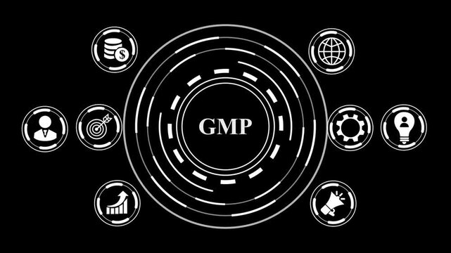GMP - Good Manufacturing Practice concept background. Standards, Quality, Compliance, Documentation, Training, Hygiene, Validation, Audit, Continual.and 4k digital technology video