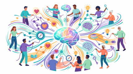 Fototapeta premium Diverse people connect to a central brain, symbolizing collective intelligence, shared ideas, and community collaboration in a vibrant illustration.