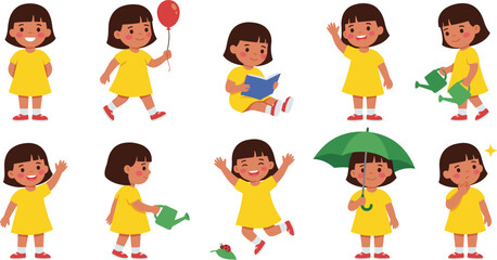Cute Little Girl Character Vector Set Featuring Child in Yellow Dress Reading, Watering Plants, Holding Balloon, and Jumping Happily for Children Book Designs