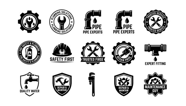 Badges Featuring Plumbing and Maintenance Icons with Text Featuring Pipes, Wrench, Tools with Expert and Fitting Elements