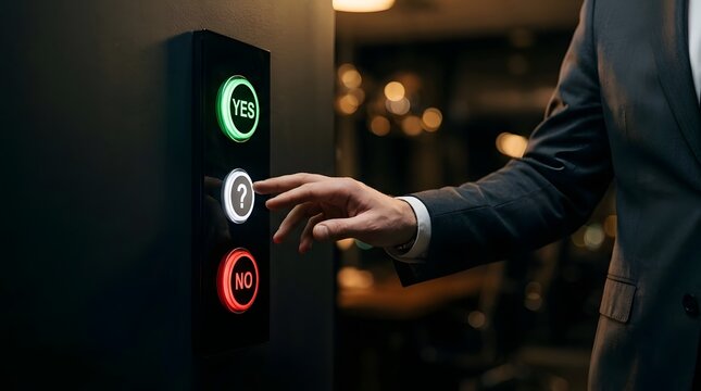 Business professional pressing button on interactive decision-making interface panel