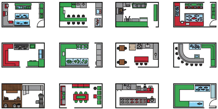 Fish market and seafood shop floor plan layout icon set showing retail interiors display counters customer areas and workspace vector illustration