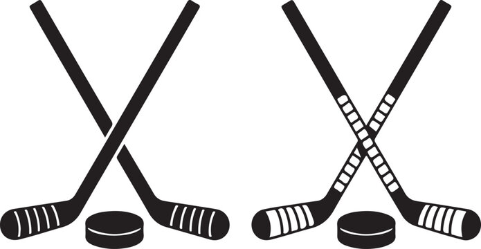 Monochrome set of crossed ice hockey sticks and pucks with clean stripe patterns, isolated on a white background for sports team branding.