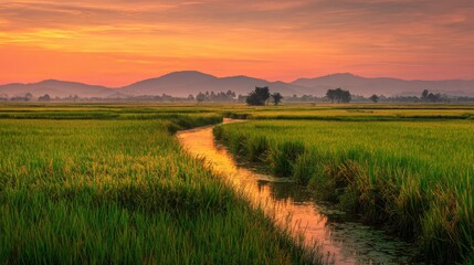 Fototapeta premium 42.Wide panoramic landscape of lush green paddy fields glowing under warm sunset light, golden sky reflected in narrow irrigation canals, soft orange and pink clouds stretching across horizon,
