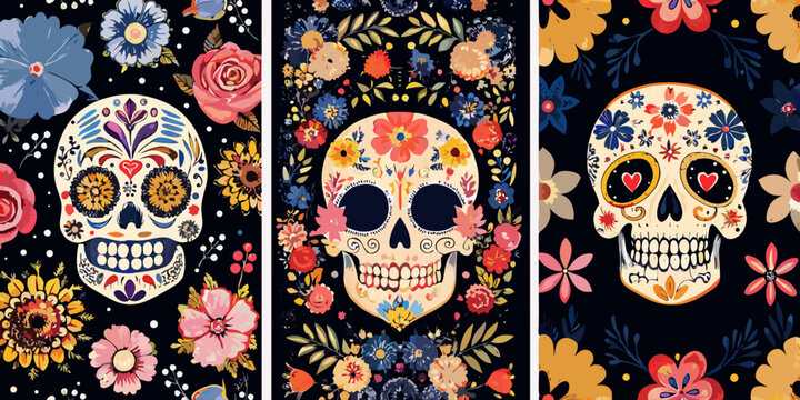 Floral skull pattern with roses and colorful day of the dead designs