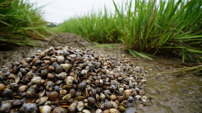50.Overhead view of collected snails discarded from rice field, dense mound of shells and bodies, rough texture contrast with surrounding wet mud, green rice plants in distance, representation of