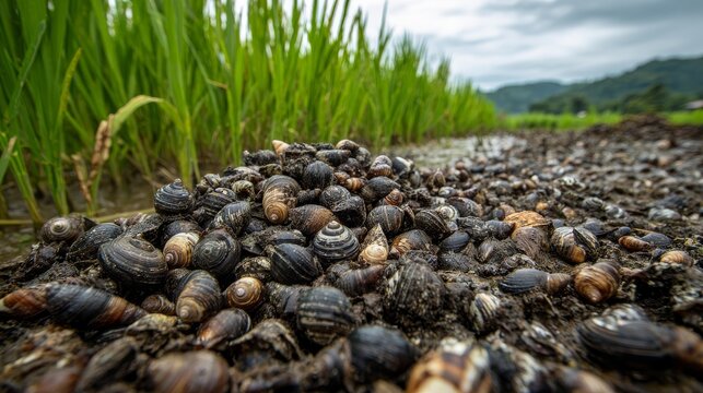 50.Overhead view of collected snails discarded from rice field, dense mound of shells and bodies, rough texture contrast with surrounding wet mud, green rice plants in distance, representation of