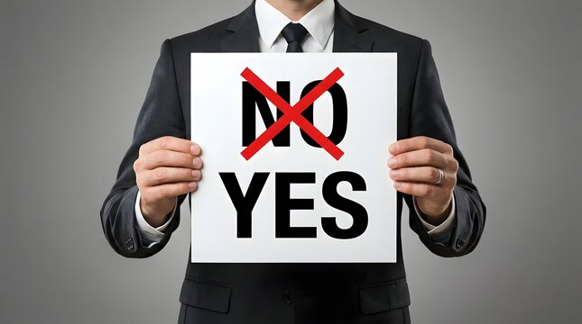 Professional businessman holding a sign with yes or no options