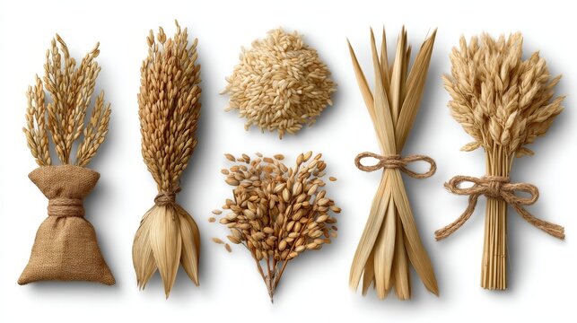 57.Multiple rice elements including paddy clumps, dried sheaves tied together, individual grains and husks, realistic shading and highlights, clean isolated presentation suitable for overlay designs