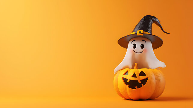 A cute ghost in a Halloween pumpkin against an orange background with copyspace
