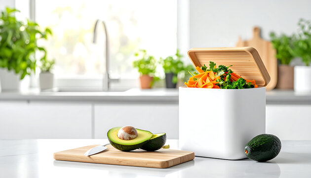 Modern minimalist kitchen counter with organic food scraps in white countertop compost bin