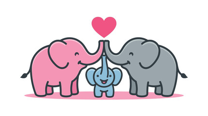 Cute Cartoon Elephant Family Illustration with Heart Symbol for Happy Parents © matahari
