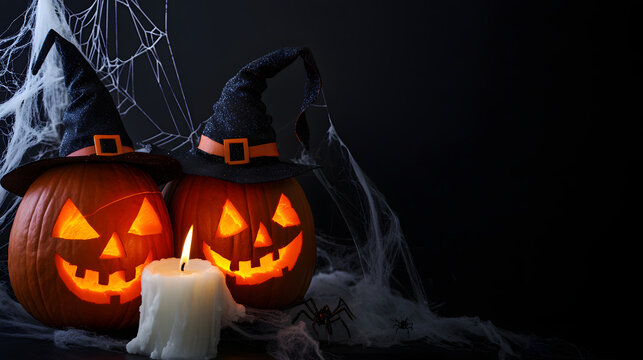 Halloween pumpkins in witch hats near a candle and cobwebs against a dark background