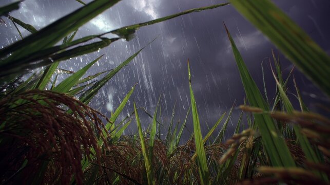75.Low-angle view through rice stalks blowing in the wind, heavy rain streaks visible, droplets rolling down leaves, dark storm clouds above, dynamic movement captured, immersive monsoon farming