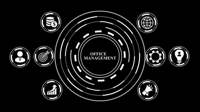 Office management icon concept for workplace organization with icon of office, productivity, files, reporting, management, performance, and organization,4k animation video..