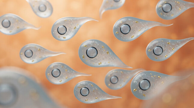 A detailed 3D rendering of multiple translucent pear-shaped microorganisms floating with visible internal organelles including nuclei and vacuoles Isolated on transparent background