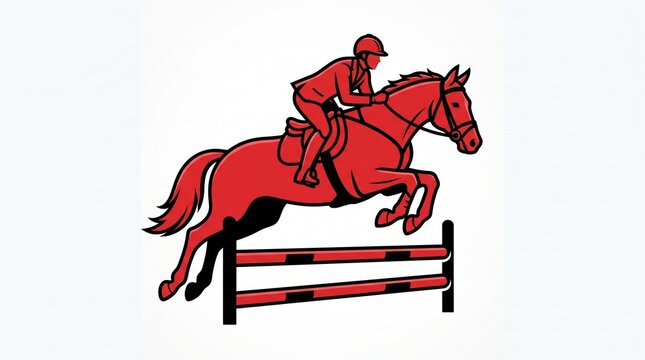 Equestrian show jumping over obstacle in competition. Stylized horse and rider mid-air during sporting event.