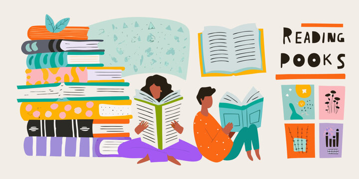 Reading Theme Vector Illustration With Stacked Books And People