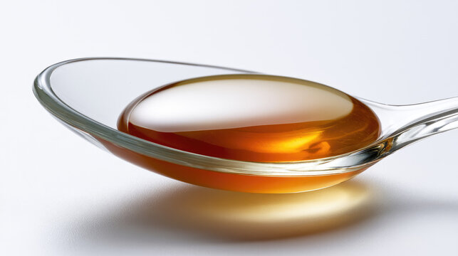 Soothing throat syrup in glass spoon on white surface with bright clean light and minimalist space