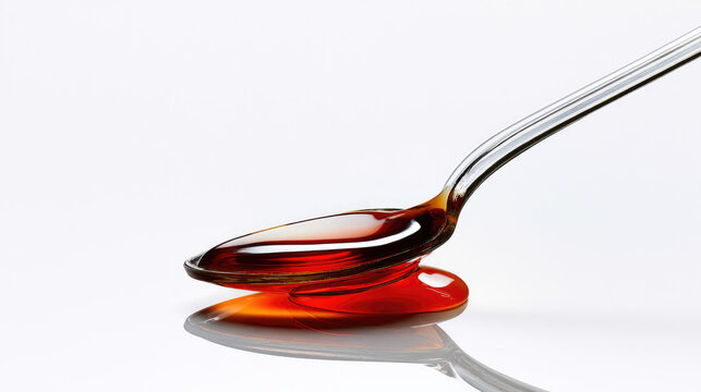 Throat syrup glass spoon honey like liquid red syrup medical remedy cough treatment herbal medicine clear spoon glossy liquid isolated object