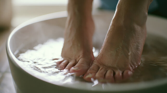 Feet soaking in white bowl with warm water and soft steam near window, clean wellness close up with copy space