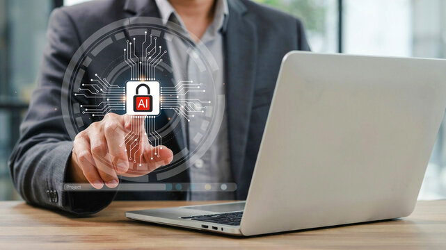 Professional Using Laptop to Access AI Security Network and Encrypted Data Protection Systems
