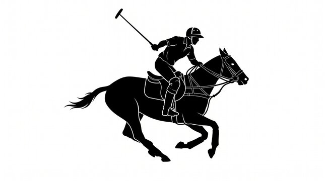 Polo player riding horse silhouette. Equestrian athlete playing polo match on horseback.