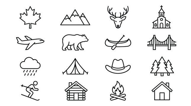 Canada travel tourism and outdoor adventure camping line icons