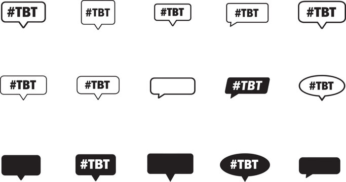Speech bubble TBT hashtag vector icon set for vintage social media, retro posts and photo sharing graphics.