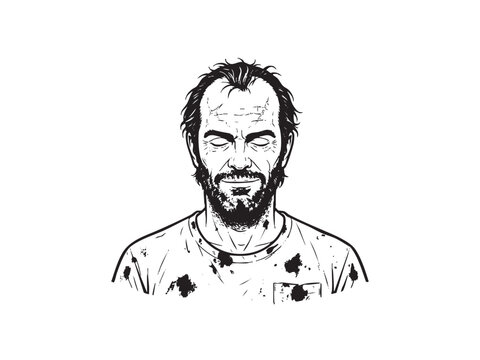  [(Trevor Philips)]Black and white line art portrait of a rugged man with closed eyes, portrait