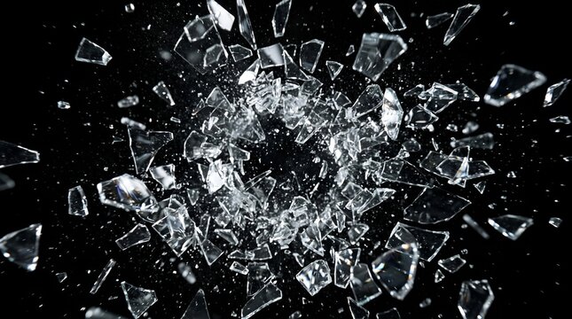 Shattered glass fragments exploding in the air on a black background