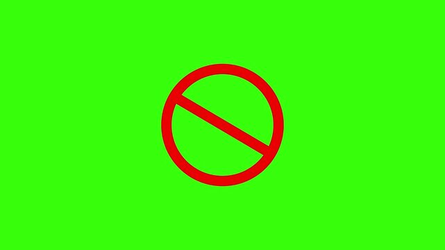 Warning, stop or no entry forbidden red circle and line symbol icon animation on a green background.Motion graphics of concept