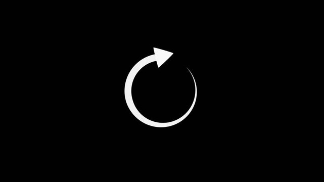 Animated white circular arrow icon on a black background, representing refresh, reload, or cycle function.Motion graphics of concept animation