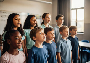 Fototapeta premium Diverse elementary students singing in music class. Group of happy multiethnic children performing together with joyful expressions.