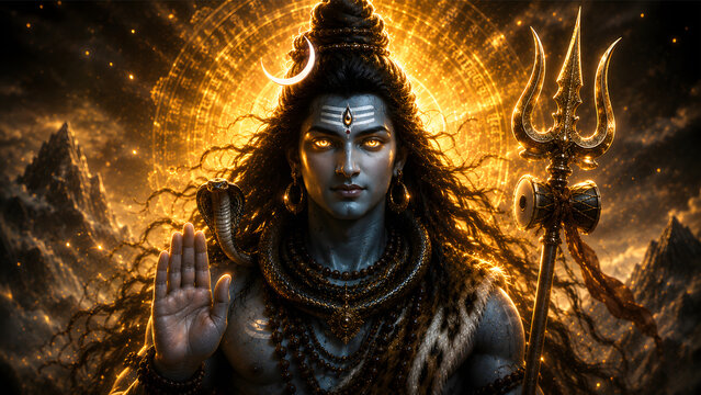 Divine Lord Shiva Portrait with Golden Glowing Aura