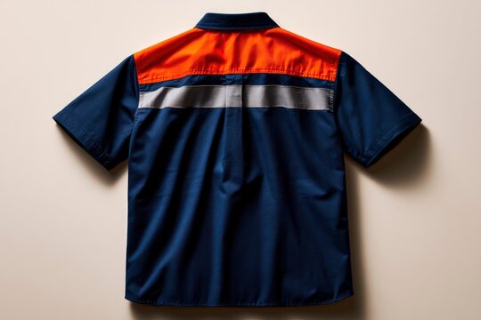 Hi-vis industrial work shirt with reflective strip and orange yoke on neutral background sharp focus for safety equipment marketing