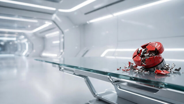 Broken Red Robot Head on a Glass Table in a Futuristic White Sci-Fi Laboratory Corridor