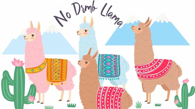Colorful llamas with decorative blankets in playful cartoon style