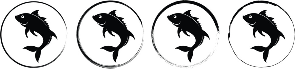 Naklejka premium Four circular badges featuring a black fish silhouette jumping or swimming upwards on a white background