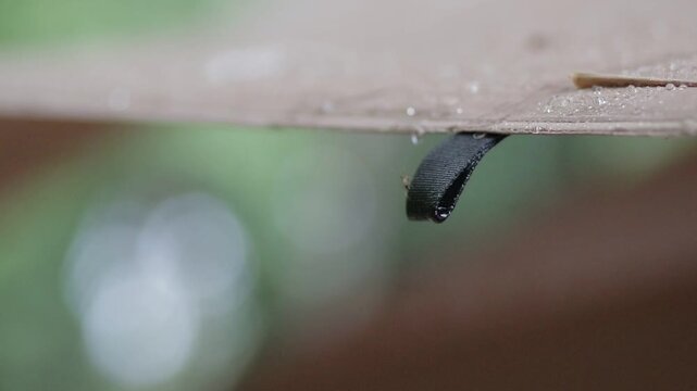 Extreme close up of raindrops on a camping tarp edge during rainfall. Cozy outdoor campsite atmosphere with soft green bokeh background.