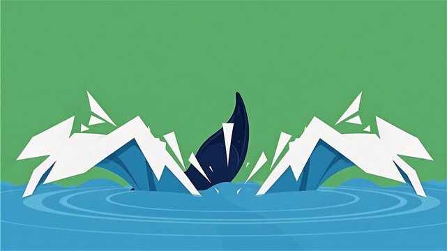 Flat Vector Whale Tail Splashing Water on Green Screen Chroma Key, 5 Seconds Video
