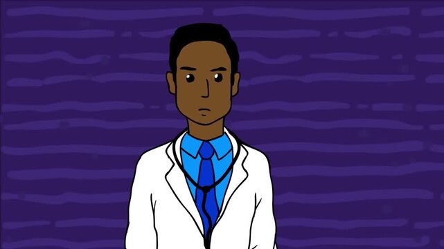 2D animation portrait of a professional Black male doctor wearing a white lab coat and stethoscope purple background